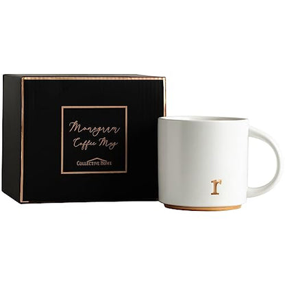 COLLECTIVE HOME Ceramic Coffee Mug, 15 oz Monogram Cup with Gift Box(R) | Dishwasher Safe, Engraved Gold Letter , Personalized Housewarming Birthday Present, Christmas Thanksgiving Mothers Day Gifts - color: gold-r