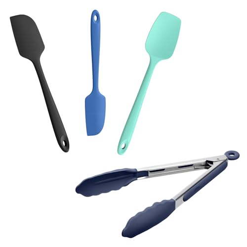 Doosu 600°F Heat Resistant Kitchen Tong for Cooking with Non-Scratch Silicone Tips (9in, Navy Blue) & 3-Piece Silicone Spatula Set Food Grade Baking Supplies Cooking Tools (Black+Lake Blue+Aqua)