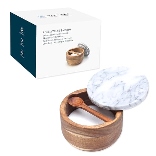 KITCHENDAO Large Acacia Salt Cellar Box Bowl with Built-in Spoon and Marble Lid, Solid Natural Acacia Wood Bath Sea Salt Container, Grey Marble Lid, Pepper Sealer Pinch Bowl, 10oz Capacity - color: Gray