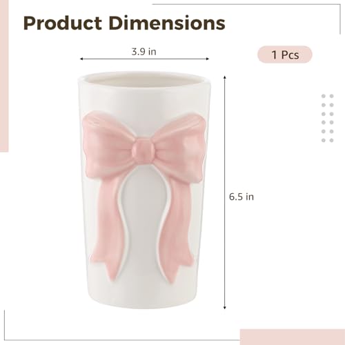 Pink Bow Ceramic Organizer 3.9x6.5in, Multi-Purpose Kitchen Utensil Holder | Charming 3D bow ornament, versatile storage for cookware, makeup brushes, stationery and mini flower bouquets