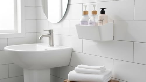 Bath Shelve, Adhesive Shelf Shower Caddy Bathroom Organizer, No Drill Wall Mounted Shower Caddy Basket Plastic，White Storage Rack for Bathroom/Kitchen
