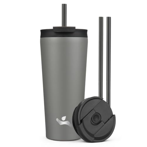 Konokyo 22 oz Insulated Tumbler Water Bottle with Straw Lid, Gray | Stainless steel insulated tumbler for coffee, water and iced drinks; spill-proof lid, 2 straws, cup-holder friendly - color: Gray, size: 22 Ounces