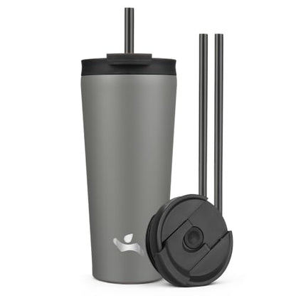 Konokyo 22 oz Insulated Tumbler Water Bottle with Straw Lid, Gray | Stainless steel insulated tumbler for coffee, water and iced drinks; spill-proof lid, 2 straws, cup-holder friendly - color: Gray, size: 22 Ounces