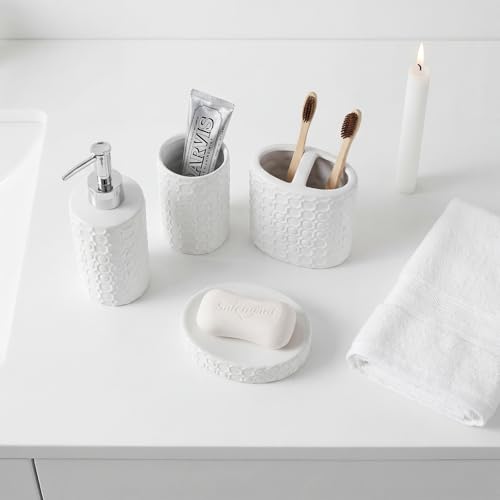 White Ceramic Bathroom Accessories Set, 4 Piece, Honeycomb Design with Soap Dispenser Pump, Tumbler, Toothbrush Holder, Soap Dish - color: White 005