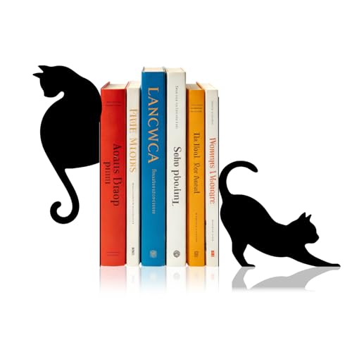 Sanwarm Bookends, 2 Pcs, Metal, for Home Office Desk Shelves Cat Vintage | Black Fun Decorative Book Ends Non-Skid Book Stoppers Holder 1 Pair Gifts for Reading Enthusiasts Library Decor - color: Black Cat 3