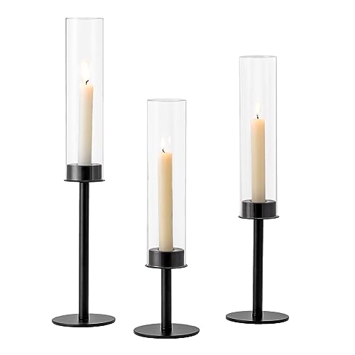 Hewory Black Candlestick Holders: 3PCS Glass Hurricane with Metal Base | Elegant Tall Taper Candle Holders at 3 different heights, Table Centerpiece for Halloween, Party, Gothic Christmas Decor - color: Black, size: 3pcs