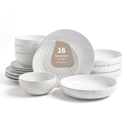 FOBENTA 16-Piece Ceramic Plates and Bowls Set,Dual Bowl Dish Set with Dinner & Pasta Bowls，Elegant Embossed Dinnerware for Modern Homes,for Microwave & Dishwasher Safe - size: Service for 4-16Pcs (Double Bowl)