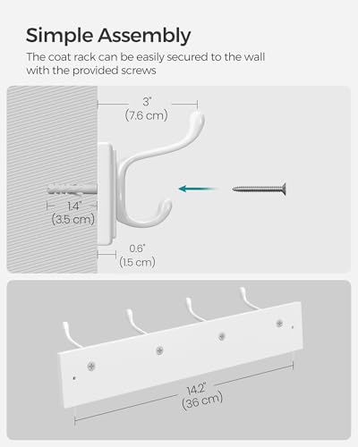 SONGMICS Wall-Mounted Coat Rack, Hook Rack, 4 Dual Metal Hooks, White | For Coats, Bags, Keys, in the Entryway, Bedroom, Living Room ULHR23WT - color: White, size: 1 Pack-4 Hooks, style: Without Shelf