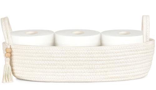 Mkono Toilet Paper Basket, Boho Bathroom Decor, Small Storage Organizer | White, 15.7"L x 6"W, Back of Toilet Basket, Decorative Woven Tray with Handles, Space-Saving, Living Room Bedroom, 1 Pack - color: White, size: Medium