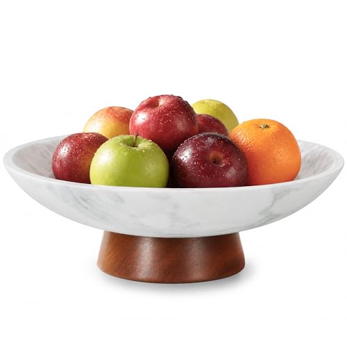 Marble Decorative Bowl, 11” Large Centerpiece for Table, Fruit Bowl for Kitchen Counter, Coffee Table or Entryway Decor, Natural Marble with Wood Base, Housewarming Gift - White - color: White