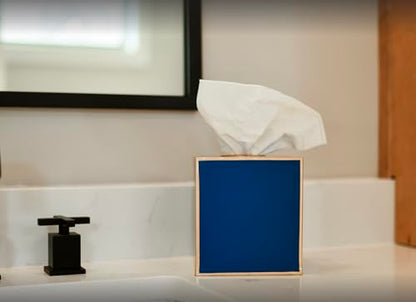 Jaye's Studio Square Tissue Box Cover, Blue Metal Gold Cube for Bathroom | Matte Hand-Painted Finish, Fits Standard Facial Holders, Polished Trim, Open Bottom, Coastal Nursery Use - color: Blue