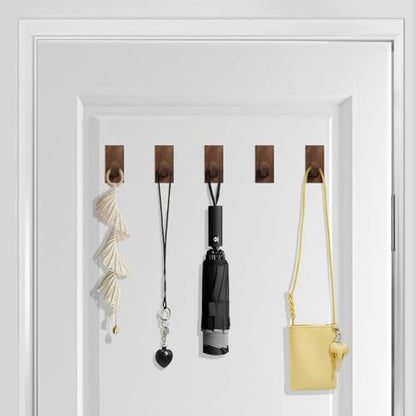 SIAMESE Wooden Wall Hooks, 4 Pcs Adhesive or Nail in Walnut Wood Coat Hooks Wall Mounted for Robe, Towel, Hat, Key, Bag, Clothes in Entryway, Bedroom or Closet (Walnut Wood)