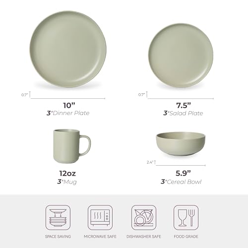 12-Piece Stoneware Dinnerware Set with Mugs | Microwave and Dishwasher Friendly | Stackable Matte Glaze Plates & Bowls | Service for 3 (Green for 3) - color: Green for 3