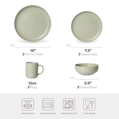 12-Piece Stoneware Dinnerware Set with Mugs | Microwave and Dishwasher Friendly | Stackable Matte Glaze Plates & Bowls | Service for 3 (Green for 3) - color: Green for 3