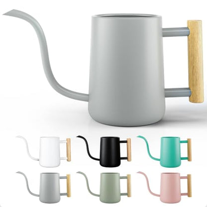 Metal Small Indoor Watering Can with Long Spout & Real Wood Handle, 35oz | Long Spout, Stainless Steel, Real Wood Handle, Gentle Flow, No Spills, Suitable for House Plants, Succulents & Seedlings - color: Gray