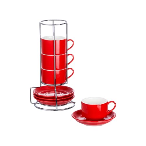 2.5oz Espresso Cups Set of 4, Small Stackable Coffee Cups with Saucers and Metal Stand, Ceramic Demitasse Cups, Cappuccino Cups for Coffee Drinks, Latte, Red - color: Red, size: 2.5oz