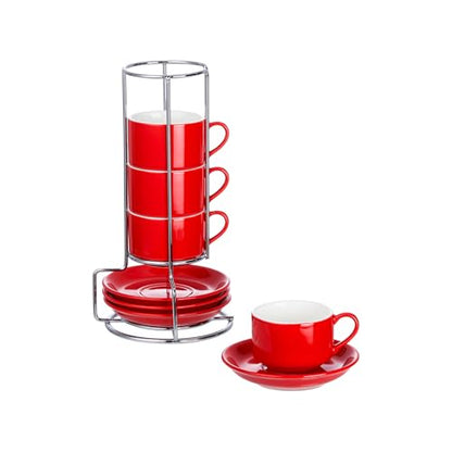 2.5oz Espresso Cups Set of 4, Small Stackable Coffee Cups with Saucers and Metal Stand, Ceramic Demitasse Cups, Cappuccino Cups for Coffee Drinks, Latte, Red - color: Red, size: 2.5oz