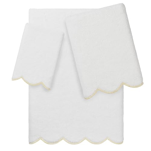 Grace Scallop Personalized Towel Set, Beige 3 Piece Custom Towel Collection, Monogrammed Towels in Soft Turkish Cotton for Elegant Bathroom Decor-Beige-3 Pcs Set - color: Beige, size: 3 Pcs Set
