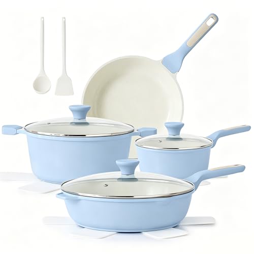 SENSARTE Nonstick Ceramic Cookware Set Large 13-Piece, Healthy Pots and Pans Set Dishwasher Safe, Non-toxic Kitchen Cooking Set with Stay-Cool Handles, Induction Compatible, PFAS Free, Blue - color: Light Blue