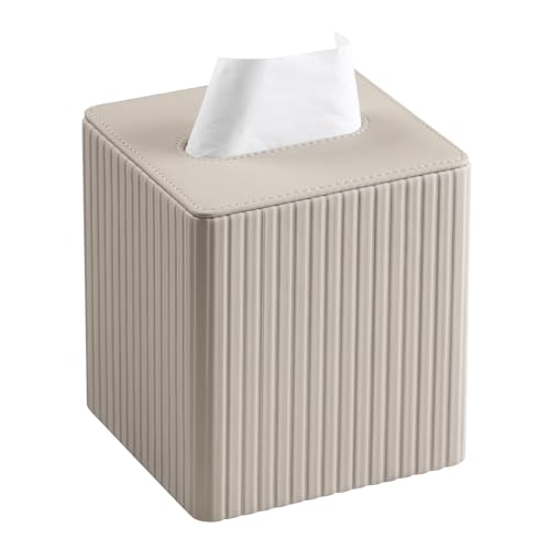 PU Leather Square Tissue Box Cover with Bottom, Beige | Fits All Standard Cube Tissue Boxes, Modern Fluted Decorative Tissue Box Holder for Bathroom, Bedroom, Office, Living Room - color: Beige