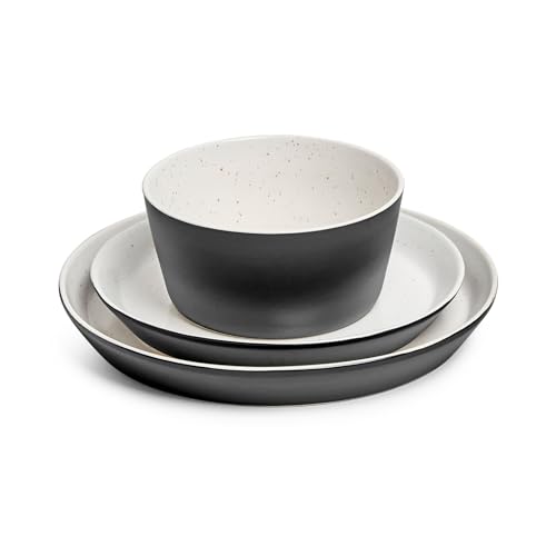 Sango 12-Piece Stoneware Dinnerware Set for 4, Modern White & Black Plates and Bowls Sets with Speckled Glaze, Durable Kitchen Ceramic Dish Set, Microwave & Dishwasher Safe Everyday Dishes, Stockholm - color: Black/White, size: 12-Piece Set