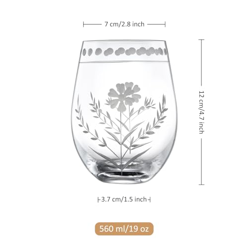 Joeyan Hand Blown Etched Stemless Wine Glasses,Carved Red and White Wine Tumbler with Floral Pattern,Clear Drinking Glass Cups,Glassware for Birthday Party Anniversary,19 oz,Set of 4,Dishwasher Safe - color: Wine Glasses