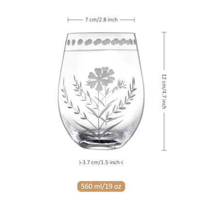 Joeyan Hand Blown Etched Stemless Wine Glasses,Carved Red and White Wine Tumbler with Floral Pattern,Clear Drinking Glass Cups,Glassware for Birthday Party Anniversary,19 oz,Set of 4,Dishwasher Safe - color: Wine Glasses