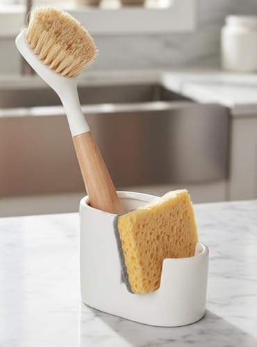 Ceramic Sponge Holder for Kitchen Sink, 2-in-1 Sponge & Brush Organizer, Compact Countertop Sink Caddy with Raised Edge to Catch Drips, Keeps Countertops Dry, Dishwasher Safe, Rustproof, White - size: L-Shape