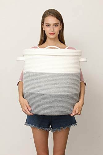 16x18 Inch Extra Large Round Cotton Rope Storage Basket with Lid, Decorative Woven Bin with Cover for Living Room Bedroom Closet, Light Grey & Grey