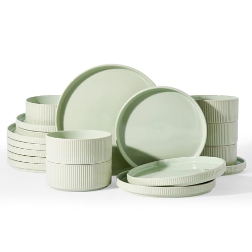 Famiware Stoneware Dishes Dinnerware Sets for 6, Ribbed Plates and Bowls | 18-Piece Ceramic Dinner Set with Lipped Edges, Chip & Scratch Resistant , Microwave & Dishwasher Safe, Daily Use, Light Green - color: Light Green, size: Service for 6
