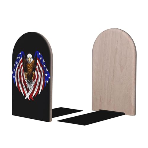 USA Flag Patriotic Eagle Print Bookends Shelves – Wooden Sturdy Book Holders, Storage for Home Office, Protective Desktop Accessories