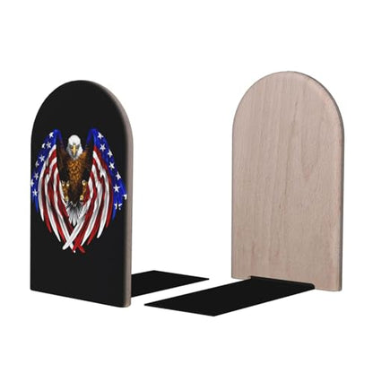 USA Flag Patriotic Eagle Print Bookends Shelves – Wooden Sturdy Book Holders, Storage for Home Office, Protective Desktop Accessories
