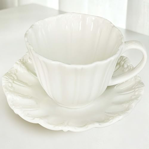8oz Tea Cups and Saucers, Ceramic Latte Cup,Relief Cappuccino Cup and Saucer Set, Elegant Porcelain Tea Cups, Espresso Cup Set Dishwasher & Microwave Safe,White - color: White
