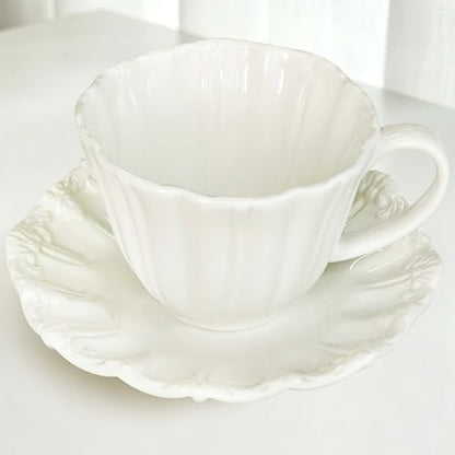 8oz Tea Cups and Saucers, Ceramic Latte Cup,Relief Cappuccino Cup and Saucer Set, Elegant Porcelain Tea Cups, Espresso Cup Set Dishwasher & Microwave Safe,White - color: White