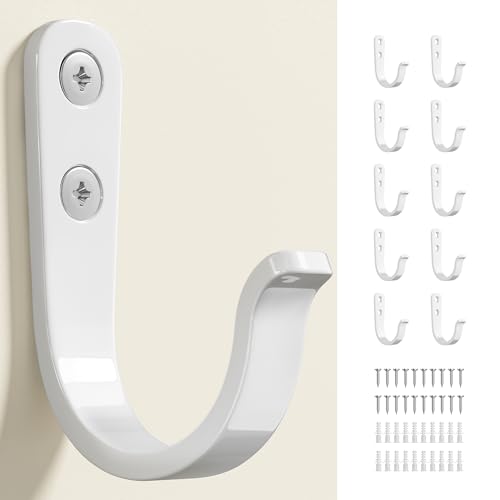 10Pcs Wall Hooks, White Metal Coat and Towel Hooks, Holds Up to 40 lbs | For Bathroom, Kitchen, Closet, and Garage, Metal, For Hanging Coats, Towels, Hats, Keys, Bags,and Coffee Cups - color: White, size: 10 Pack