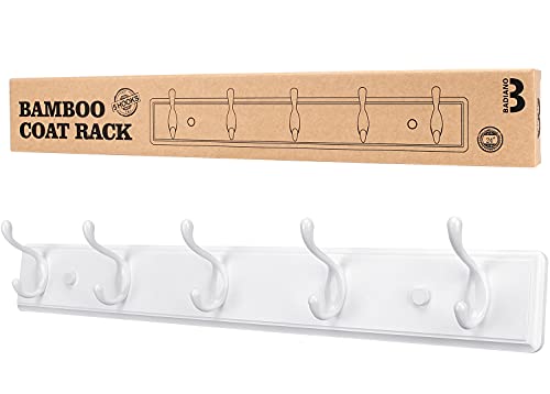 Heavy Duty Wooden Coat Rack, Wall-Mounted Organizer, 24 Inch, White | 5 Double Hooks, Greater Storage Space for Hanging Towels, Bags, Hats, Jackets, Key - color: White, size: 5 Hooks