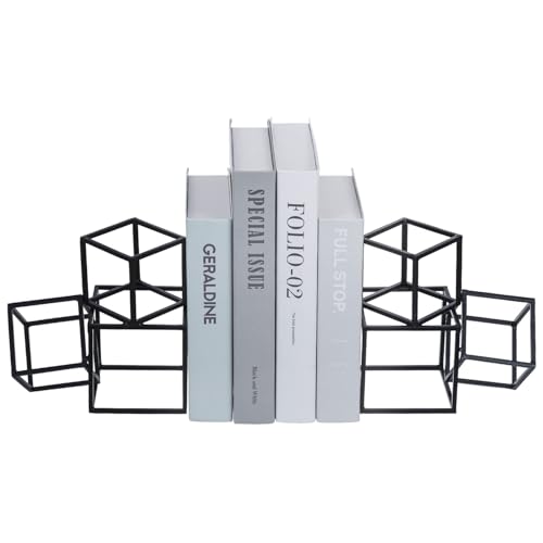 MyGift Modern Black Metal Geometric Bookends, Decorative Book Ends Stands for Home Library Bookshelf Office Desk, 1 Pair, Handcrafted in India, 3 Cube Frame Design