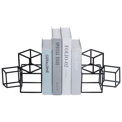 MyGift Modern Black Metal Geometric Bookends, Decorative Book Ends Stands for Home Library Bookshelf Office Desk, 1 Pair, Handcrafted in India, 3 Cube Frame Design