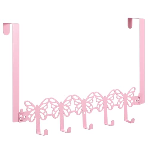AceOrbit Pink Butterfly Over The Door Hooks Wall Mount Towel Hanger Cute Door Holder Rack with 5 Hooks Hanging Towel, Coat Keys, Bags, Hats, Clothes for Bedroom Bathroom Kitchen Dorm Room Organizer - color: Pink, style: Butterfly