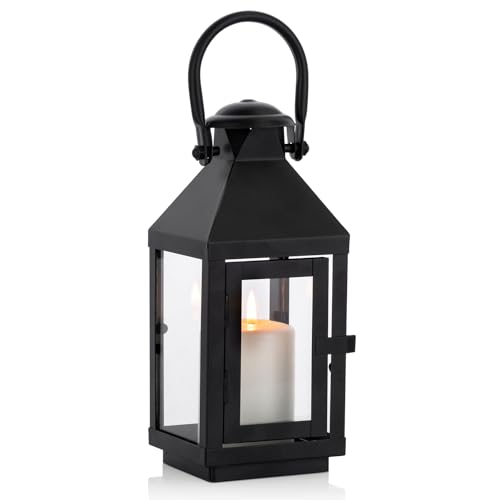 NUPTIO Garden Lantern for Pillar Candles: Vintage Metal Candle Holder | 8.7in Halloween Hanging Decorative Lantern Small for Wedding Christmas Parties Indoor Outdoor Patio Porch - color: Black, size: Small