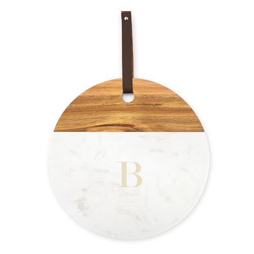 Weddingstar Custom Engraved Circular Wooden Acacia Plank & Marble Cutting Board Serving Tray - Serif Monogram - style: Serif Monogram