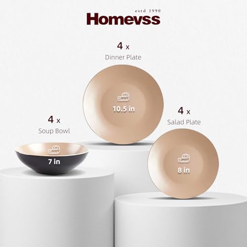 HomeVss Stoneware Two-Tone Colors Life 12pc Dinner Set， Outside Shiny Black + Inside Matte Glaze Warm Beige - color: Warm Beige, size: 12pc Set