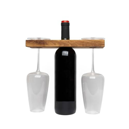 Ironwood Gourmet Acacia Wood Wine Glass Holder for Wine Bottles, Holds 2 Wine Glasses - size: 1 Bottle and 2 Glasses