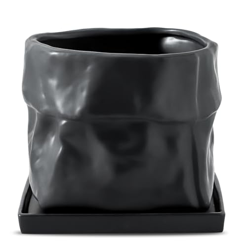 Nihow 8 Inch Ceramic Plant Pot with Drainage & Square Saucer,Black | Bag Shape Design,Indoor & Outdoor,Living room/Office/Bedroom/Windowsill/Tabletop,Plant Lovers/Gardeners/Beginners - color: Black, size: 8 Inch