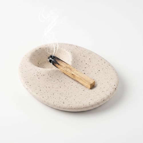 Speckled White Cement Palo Santo Holder, Incense Cone Burner – Minimalist Smudge Tray and No Mess Ash Catcher for Meditation, Yoga, Bedroom, Bathroom, Reading, Tea Time and Home Decor - color: White