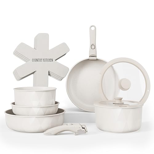 Country Kitchen Cookware Set with Removable Handle, Oven & RV Safe Pots and Pans Set, Cream Diamond, Original - color: Cream Diamond, size: Original