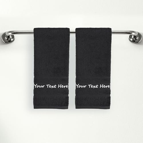 Personalized Custom 2-Piece Hand Towels Set – 100% Cotton, Soft & Absorbent – Embroidered Name or Monogram – Hotel Towels for Bathroom, Spa, Hotel, Wedding & Gift – Black - color: Black, size: 2 Hand Towels