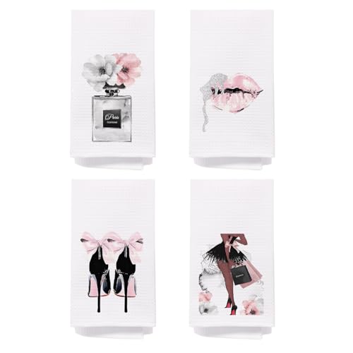 Pink Hand Towels Decor, Pink Bathroom Accessories Decorative Towels for Washroom Bath Towels Set of 4, Bow Decor Hand Towels Decor,Washroom Gifts for Women - color: Bathroom-black Women