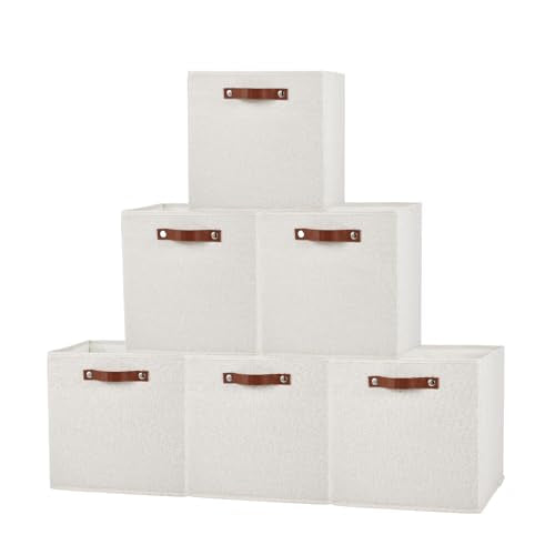 Garvee 6 Pack 13×13 Inch Foldable Fabric Storage Cube Bins, Linen Closet Organizer Boxes with Sturdy Leather Handles, Collapsible Storage Basket for Shelves, Cabinet, Home Organization, Beige