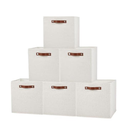 Garvee 6 Pack 13×13 Inch Foldable Fabric Storage Cube Bins, Linen Closet Organizer Boxes with Sturdy Leather Handles, Collapsible Storage Basket for Shelves, Cabinet, Home Organization, Beige